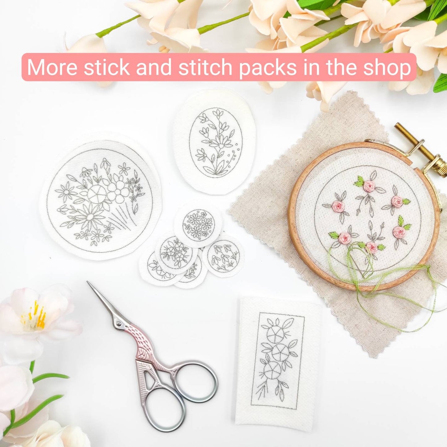 Stick & Stitch embroidery patterns, DIY embroidery floral patterns for rectangle necklace, water soluble pre-printed embroidery pattern