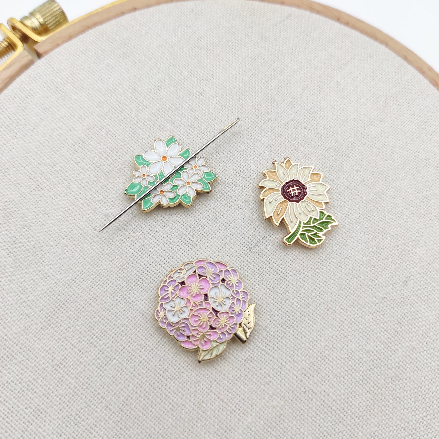 Floral Enamel Needle Minder: Cross Stitch Embroidery Tool