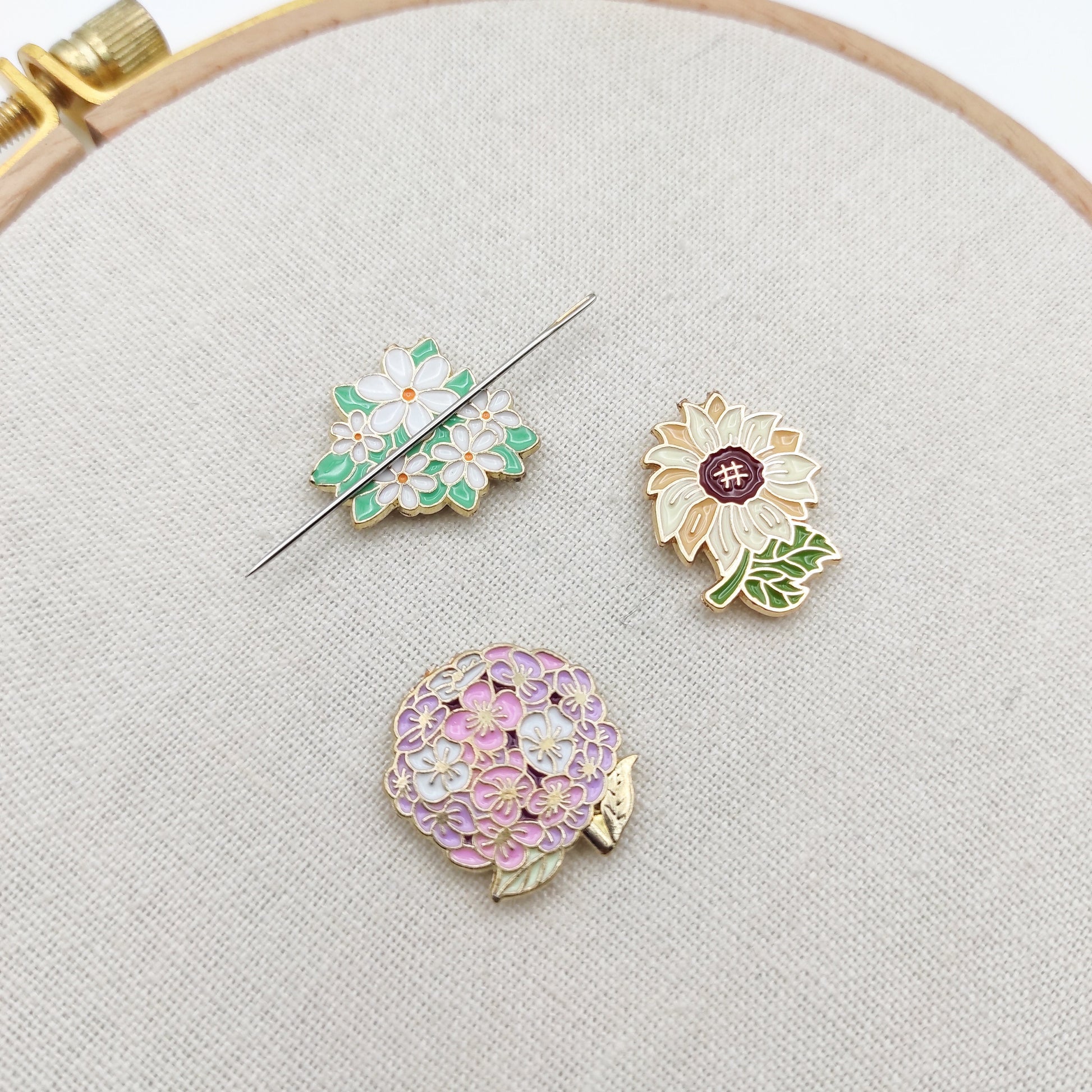 Floral Enamel Needle Minder: Cross Stitch Embroidery Tool