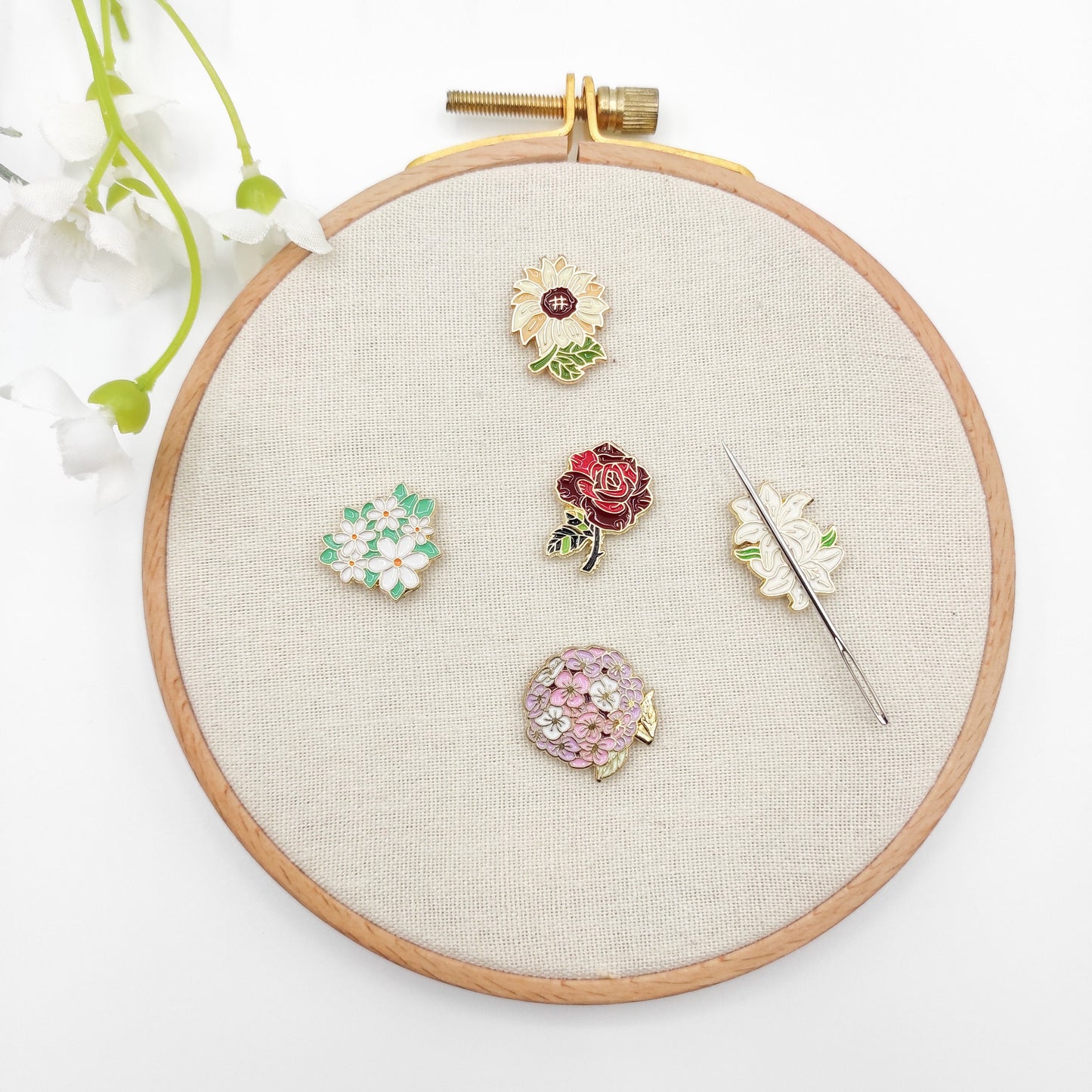 Floral Enamel Needle Minder: Cross Stitch Embroidery Tool