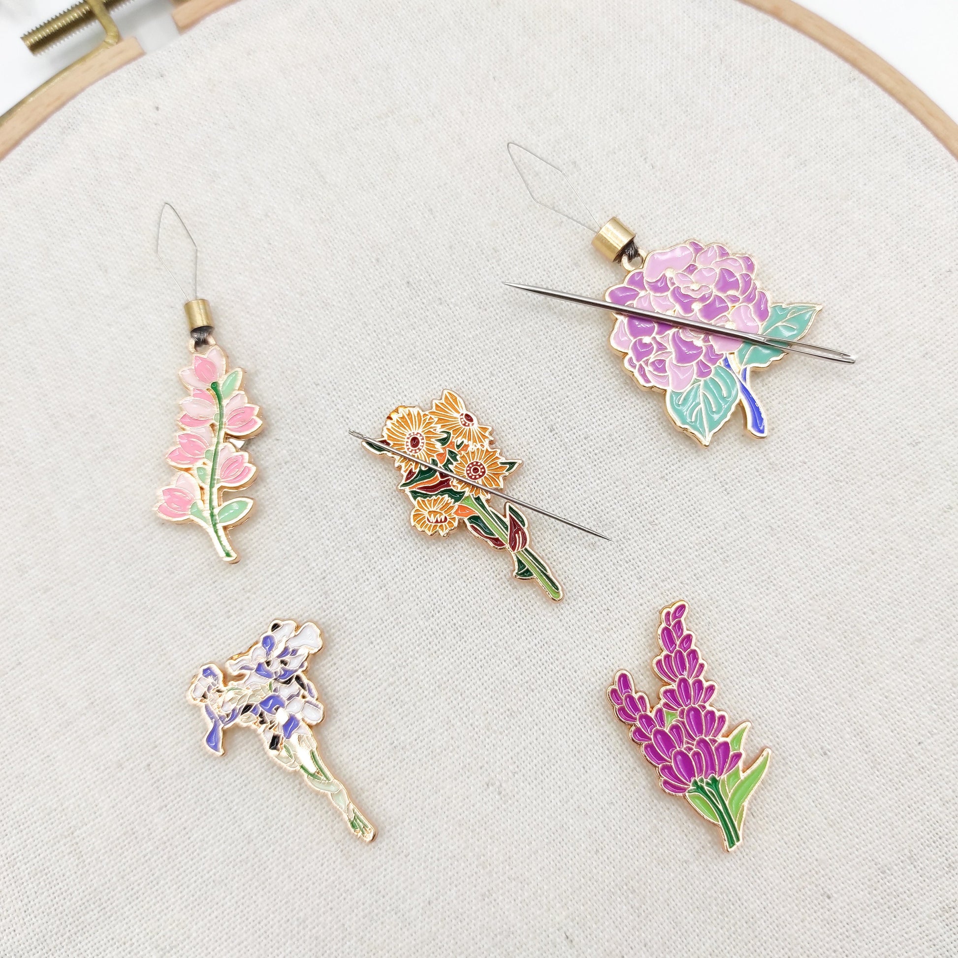 Floral Enamel Needle Minder: Embroidery Needle Threader Combo