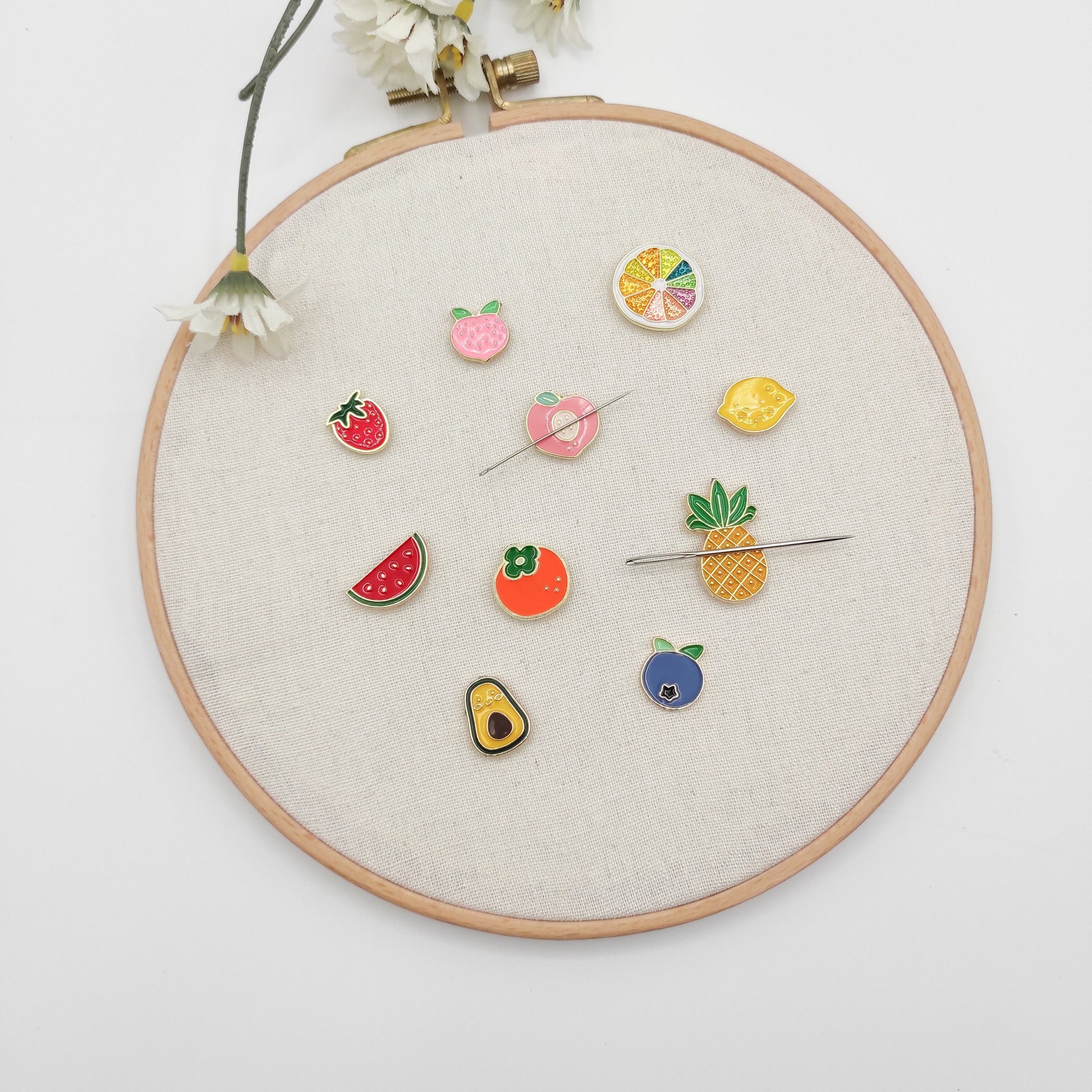 Fruit Small Enamel needle minders, Peach/Watermelon/Blueberry/Lemon/Avocado/Pineapple Needle Minder for Embroidery/Cross Stitch/Needle work