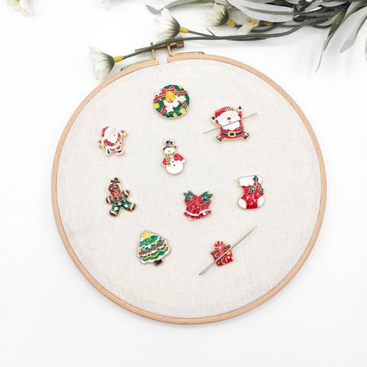 Christmas Enamel needle minder, Holiday needle minder, Small Needle Minder for Embroidery, Cross Stitch, Needle work, Needle point tools