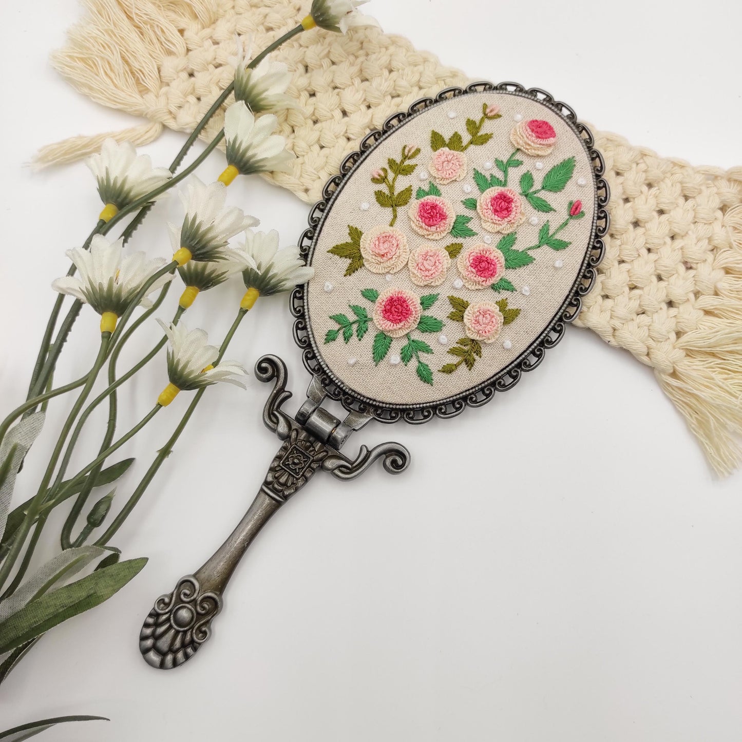 Large Vintage style Handheld Mirror, Foldable Handheld Mirror Base Kit for Embroidery, Cross Stitch, Needle work, DIY Handheld Mirror