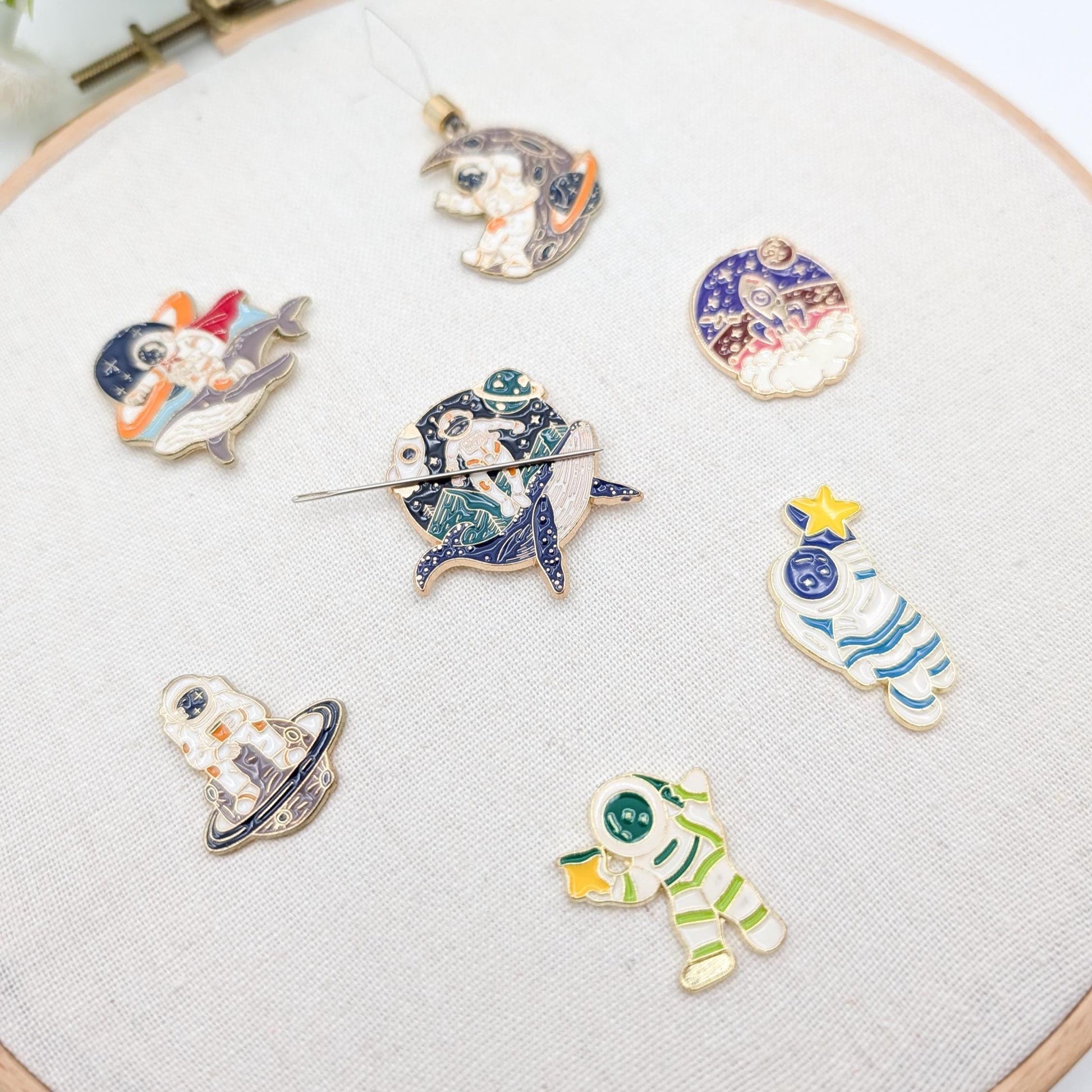 Astronaut enamel needle minders, Galaxy Needle Minder for Embroidery, Cross Stitch, Needle work, Needle point tools