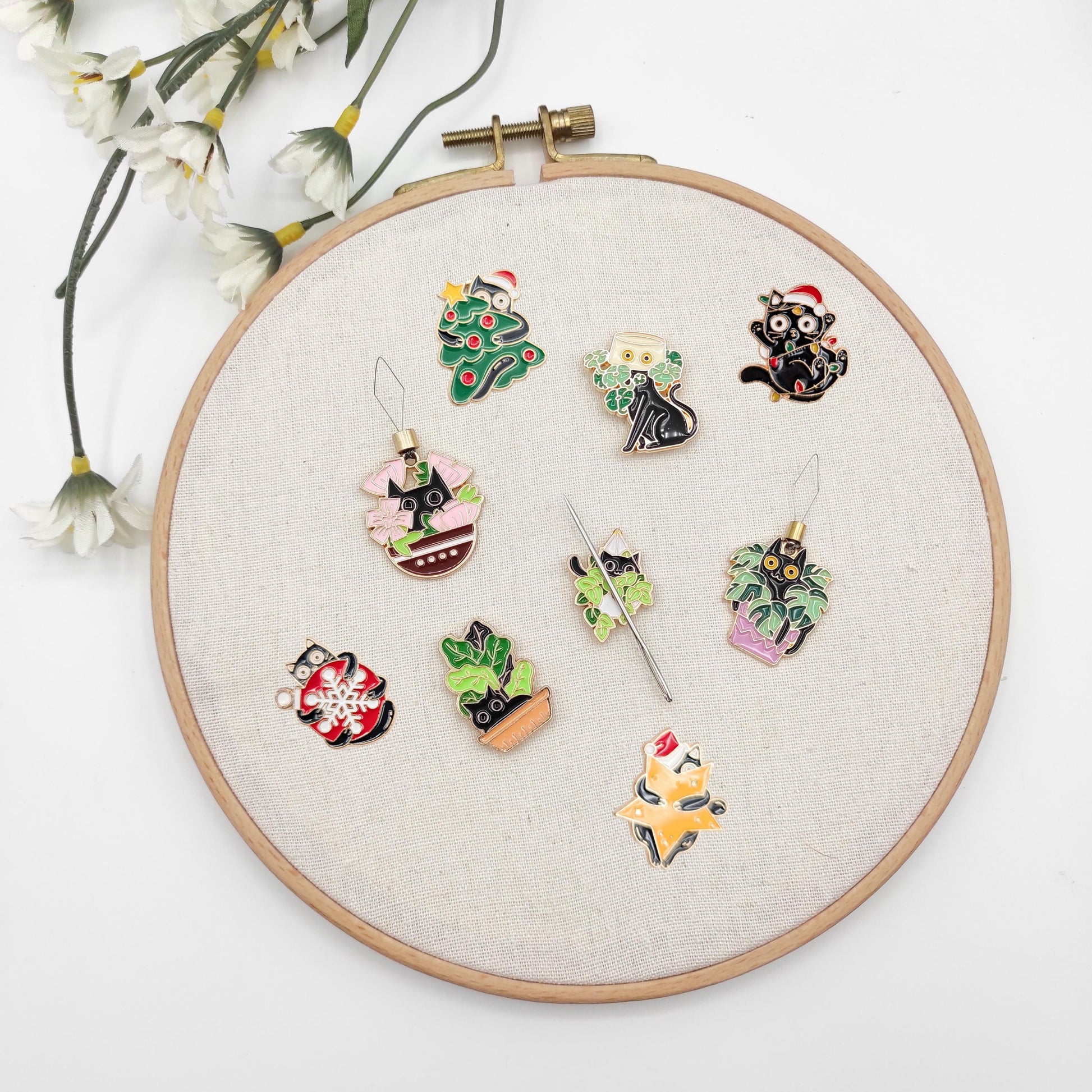 Black Hidey Cat In a Plant Needle Minder, Kitten Needle Minder/ Needle Threader for Embroidery/ Cross Stitch/Needle work/Needlecraft/Sewing.