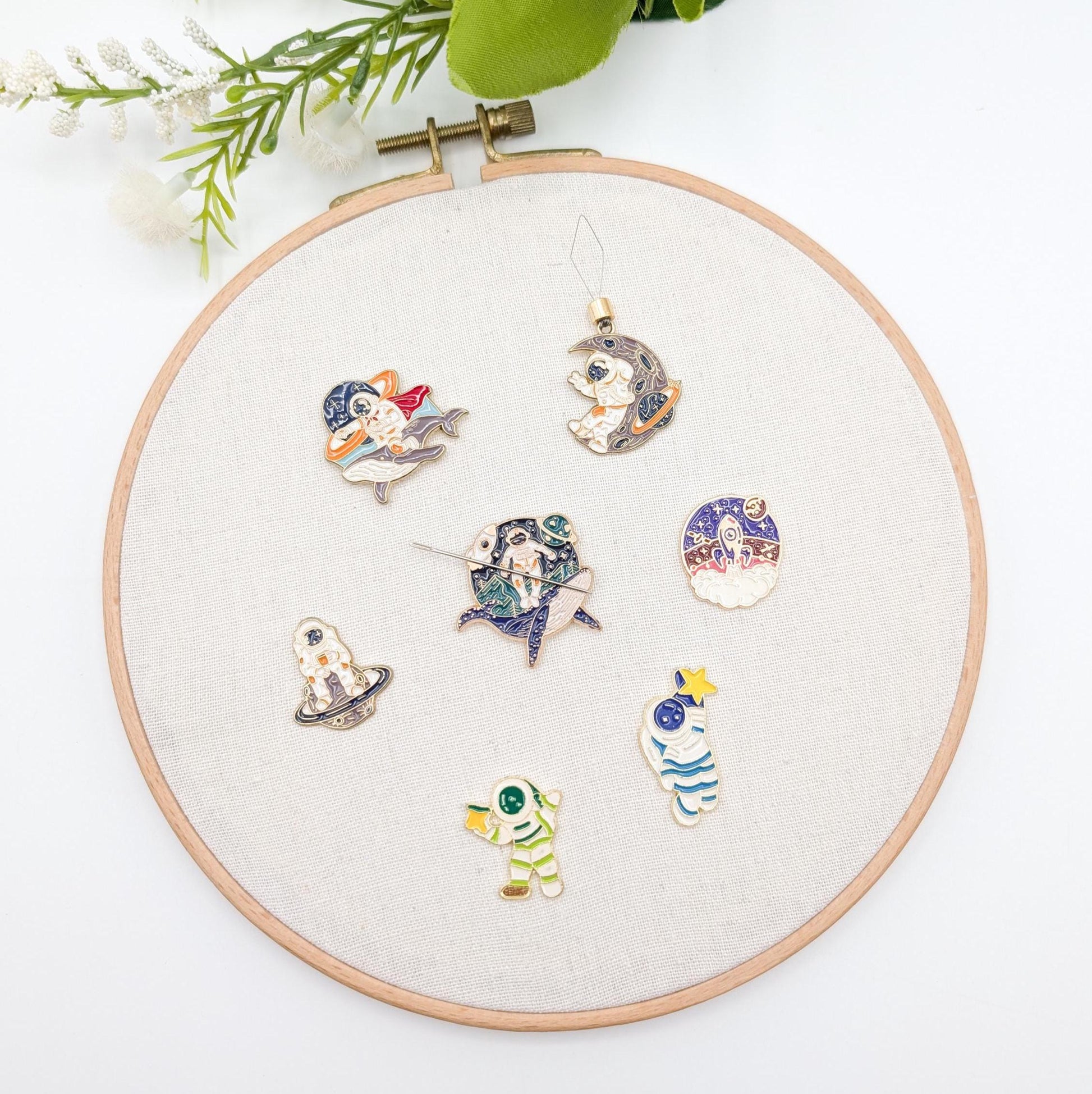 Astronaut enamel needle minders, Galaxy Needle Minder for Embroidery, Cross Stitch, Needle work, Needle point tools
