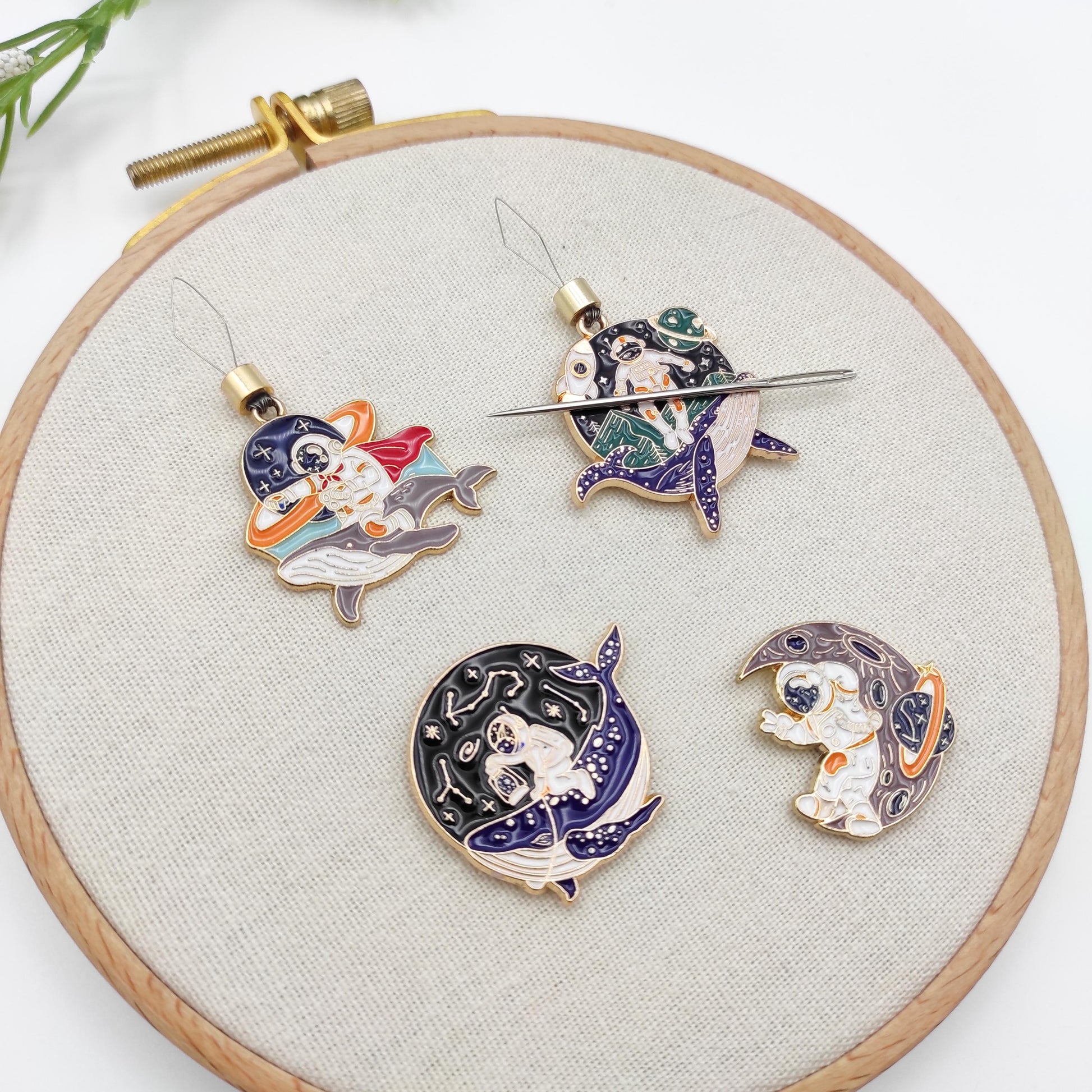 Astronaut enamel needle minders, Galaxy Needle Minder for Embroidery, Cross Stitch, Needle work, Needle point tools