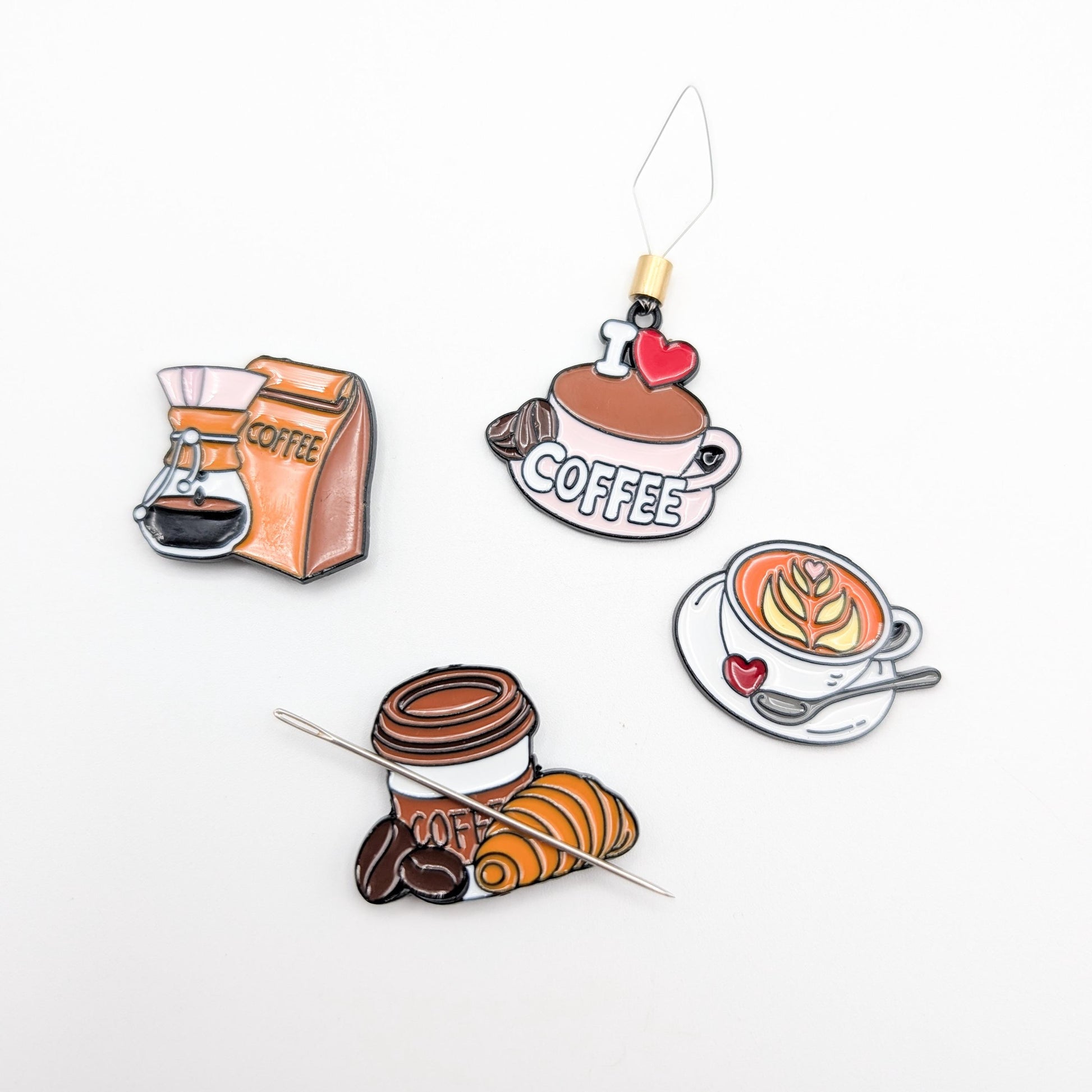 Coffee Theme Enamel Needle Minder & Threader Combo: Embroidery Sewing Needlecraft