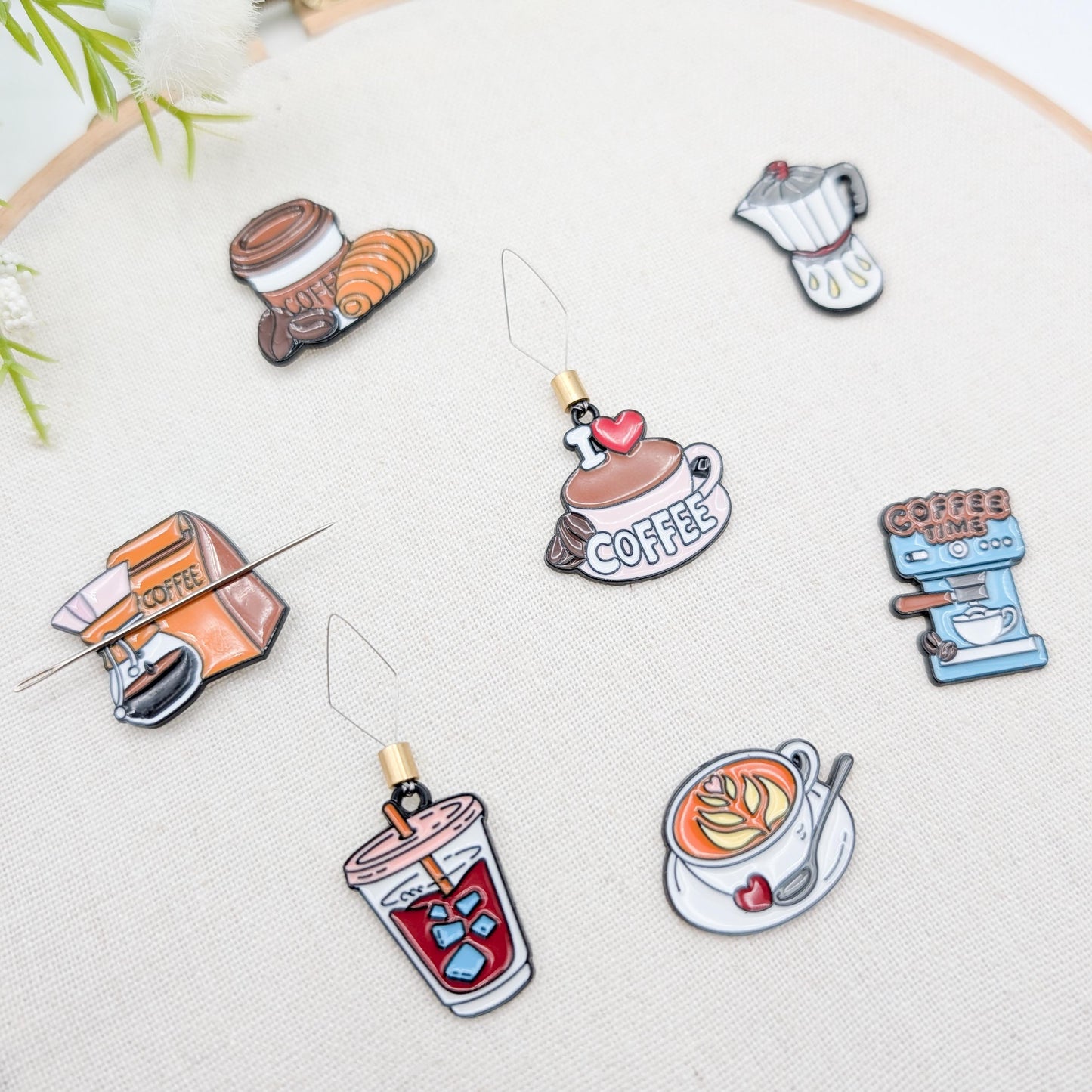 Coffee Theme Enamel Needle Minder & Threader Combo: Embroidery Sewing Needlecraft