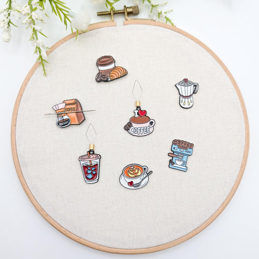 Coffee Theme Enamel Needle Minder & Threader Combo: Embroidery Sewing Needlecraft