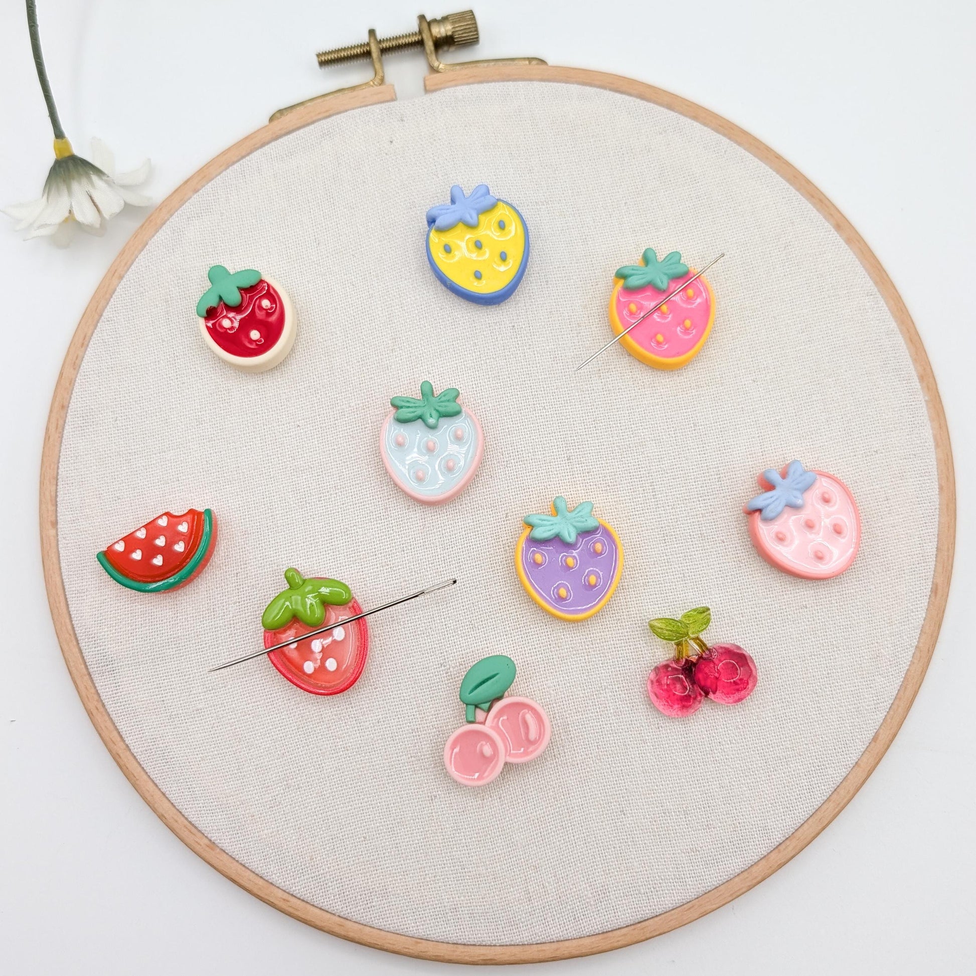 Strawberry/Cherry Resin Needle Minder: Embroidery, Cross Stitch, Needlepoint