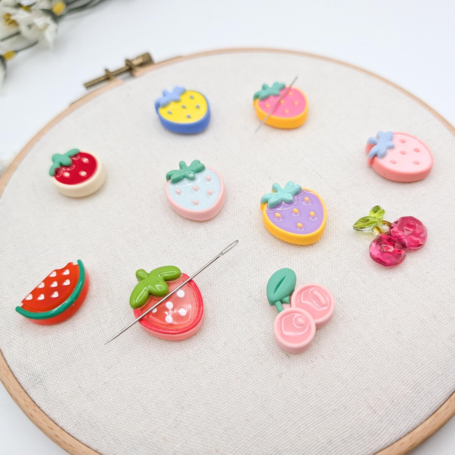Strawberry/Cherry Resin Needle Minder: Embroidery, Cross Stitch, Needlepoint