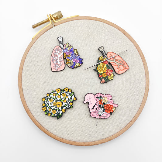 Floral Organ enamel needle minders, Needle Minder for Embroidery, Cross Stitch, Needle work, needlecraft projects and sewing.