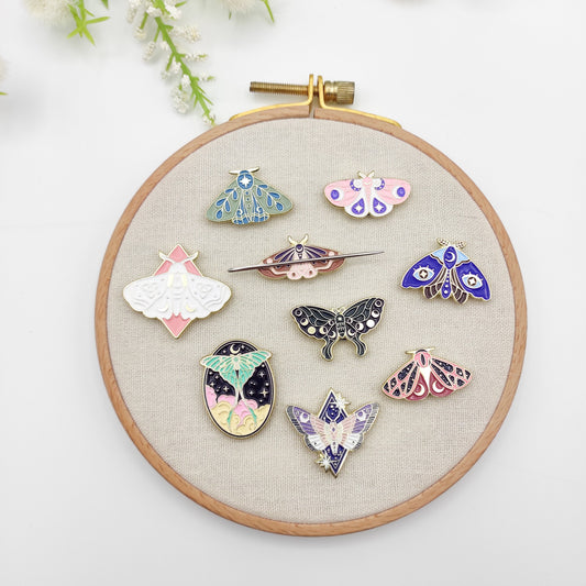 Moth/Butterfly enamel needle minders, Needle Minder for Embroidery, Cross Stitch, Needle work, needlecraft projects and sewing.