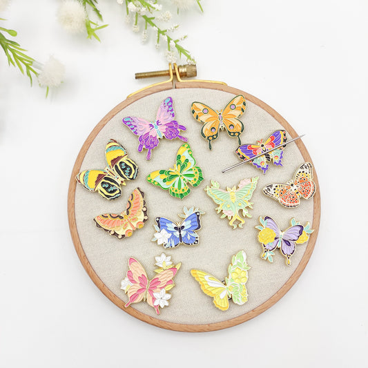 Butterfly enamel needle minders, Floral butterfly Needle Minder for Embroidery, Cross Stitch, Needle work, needlecraft projects and sewing.